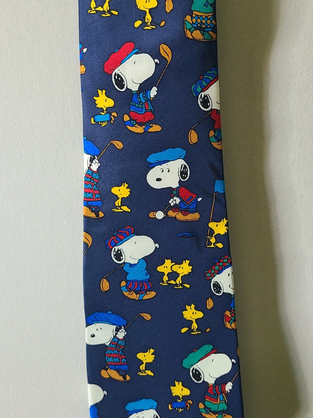 Peanuts Navy Silk Tie with Snoopy & Yellow Woodstock Golf Motif